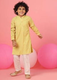 Kalki Blazing Yellow Kurta Set In Silk With Threadwork For Boys