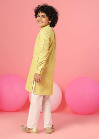 Kalki Blazing Yellow Kurta Set In Silk With Threadwork For Boys