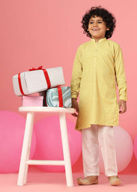 Kalki Blazing Yellow Kurta Set In Silk With Threadwork For Boys