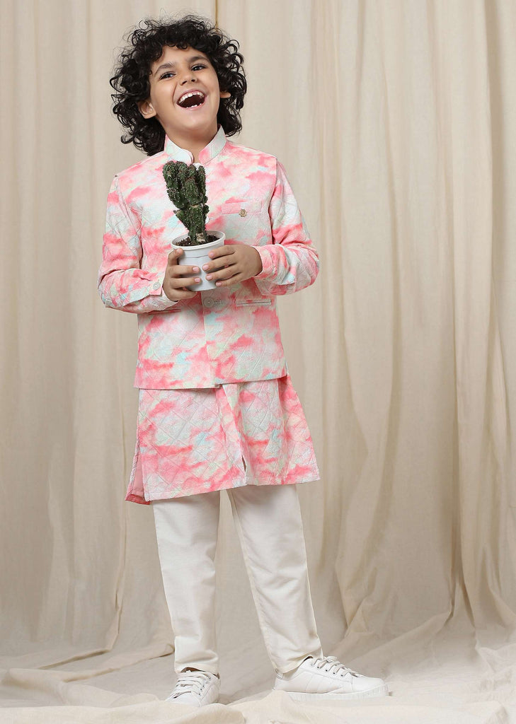 Kalki Blossom Pink Tie-Dye Bandi Jacket Set In Silk With Threadwork For Boys