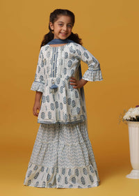 Kalki Blue And White Toned Printed Kurta Sharara Set In Cotton For Girls