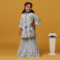 Kalki Blue And White Toned Printed Kurta Sharara Set In Cotton For Girls