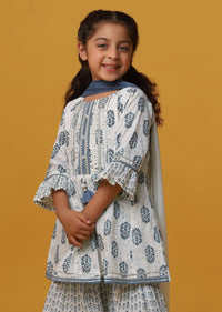 Kalki Blue And White Toned Printed Kurta Sharara Set In Cotton For Girls