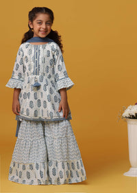 Kalki Blue And White Toned Printed Kurta Sharara Set In Cotton For Girls