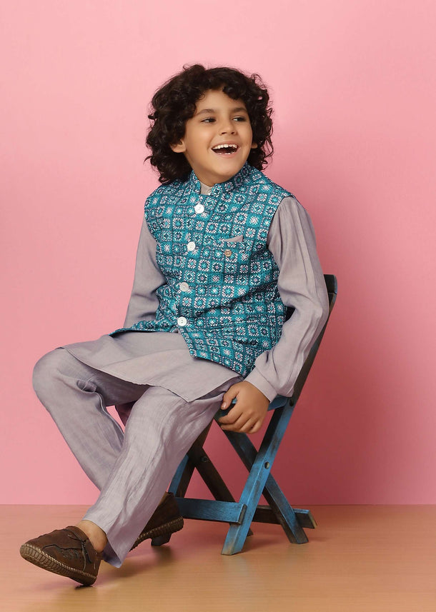 Kalki Blue Bandi Jacket And Kurta Set In Silk With Threadwork For Boys