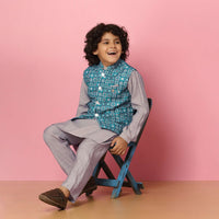 Kalki Blue Bandi Jacket And Kurta Set In Silk With Threadwork For Boys