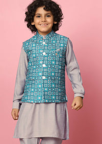 Kalki Blue Bandi Jacket And Kurta Set In Silk With Threadwork For Boys