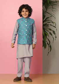 Kalki Blue Bandi Jacket And Kurta Set In Silk With Threadwork For Boys