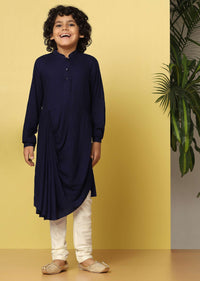 Kalki Blue Bandi Kurta Set In Tussar Silk With Threadwork For Boys