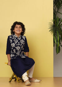 Kalki Blue Bandi Kurta Set In Tussar Silk With Threadwork For Boys