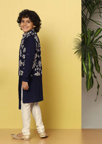 Kalki Blue Bandi Kurta Set In Tussar Silk With Threadwork For Boys