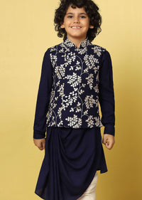 Kalki Blue Bandi Kurta Set In Tussar Silk With Threadwork For Boys