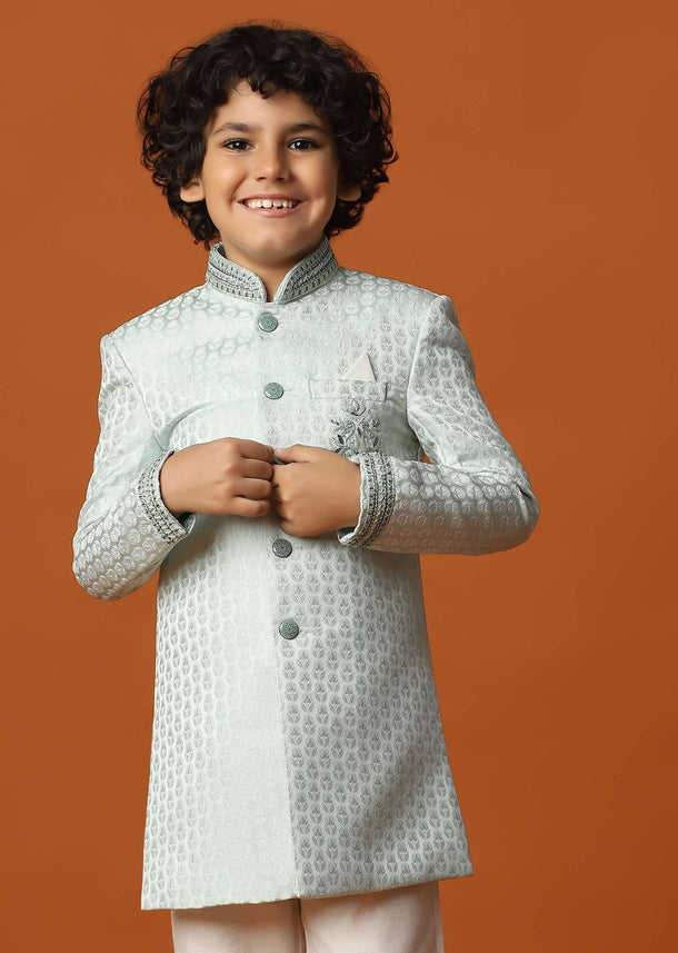 Kalki Blue Embroidered Sherwani Set In Raw Silk With Sequins For Boys