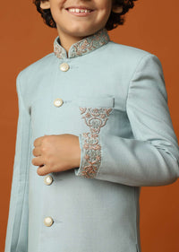 Kalki Blue Sherwani Set In Suiting Fabric With Threadwork For Boys