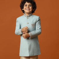 Kalki Blue Sherwani Set In Suiting Fabric With Threadwork For Boys