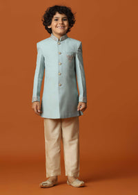 Kalki Blue Sherwani Set In Suiting Fabric With Threadwork For Boys