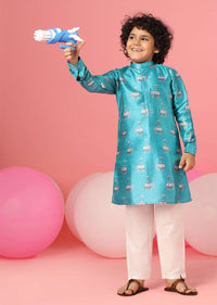 Kalki Bluebird Blue Kurta Set In Silk With Print For Boys