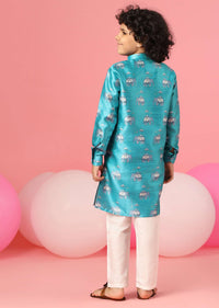 Kalki Bluebird Blue Kurta Set In Silk With Print For Boys