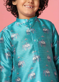 Kalki Bluebird Blue Kurta Set In Silk With Print For Boys