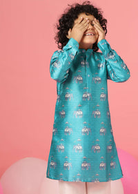 Kalki Bluebird Blue Kurta Set In Silk With Print For Boys