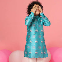 Kalki Bluebird Blue Kurta Set In Silk With Print For Boys