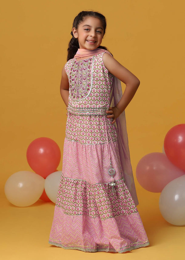 Kalki Blush Pink Printed Lehenga Blouse Set In Cotton For Girls