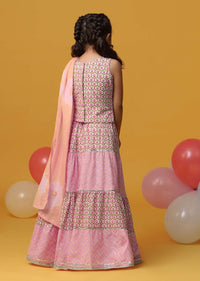 Kalki Blush Pink Printed Lehenga Blouse Set In Cotton For Girls