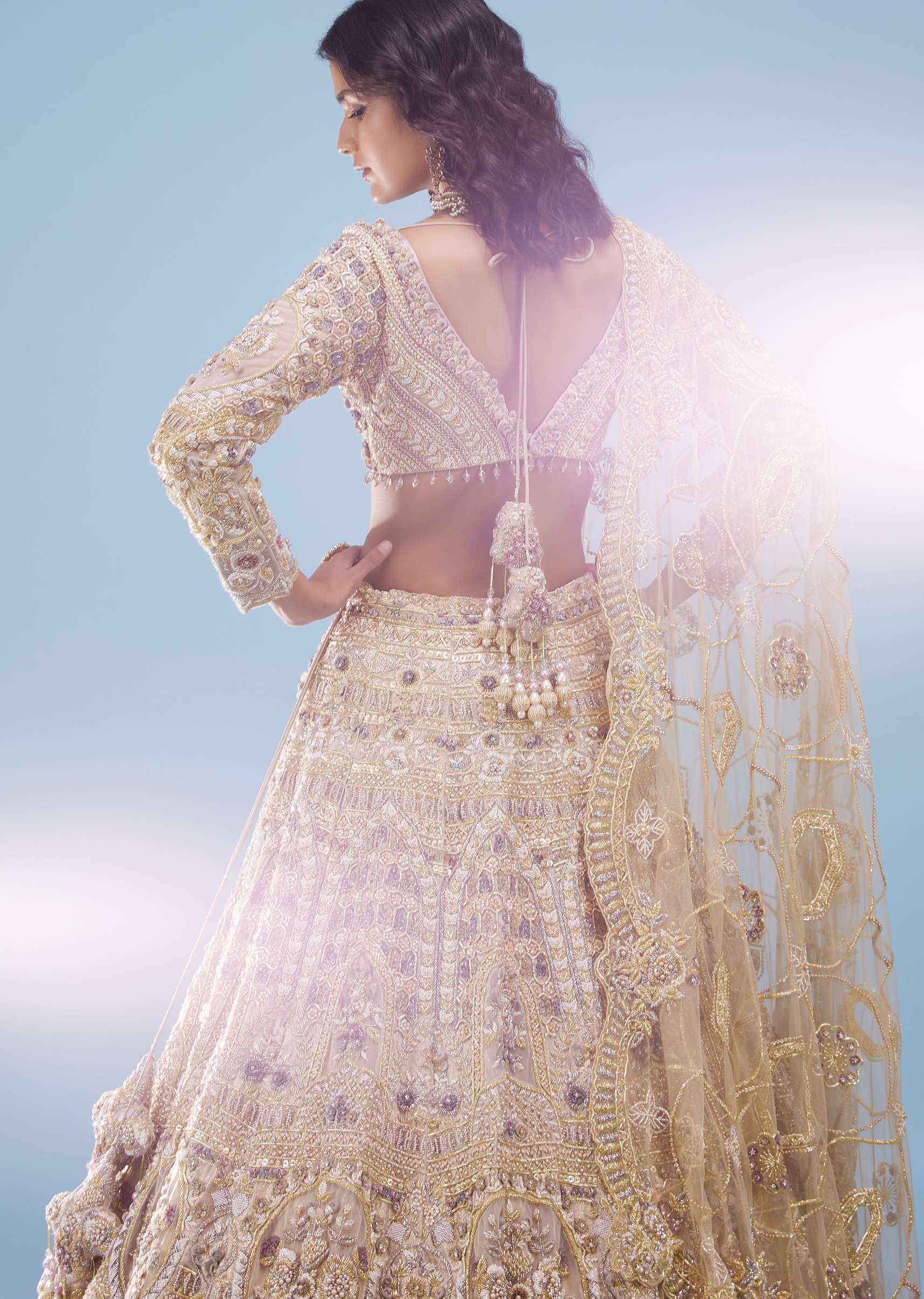 Bridal Khwabeeda Beige White Foil Organza Lehenga With 3D Embroidery - NOOR 2022