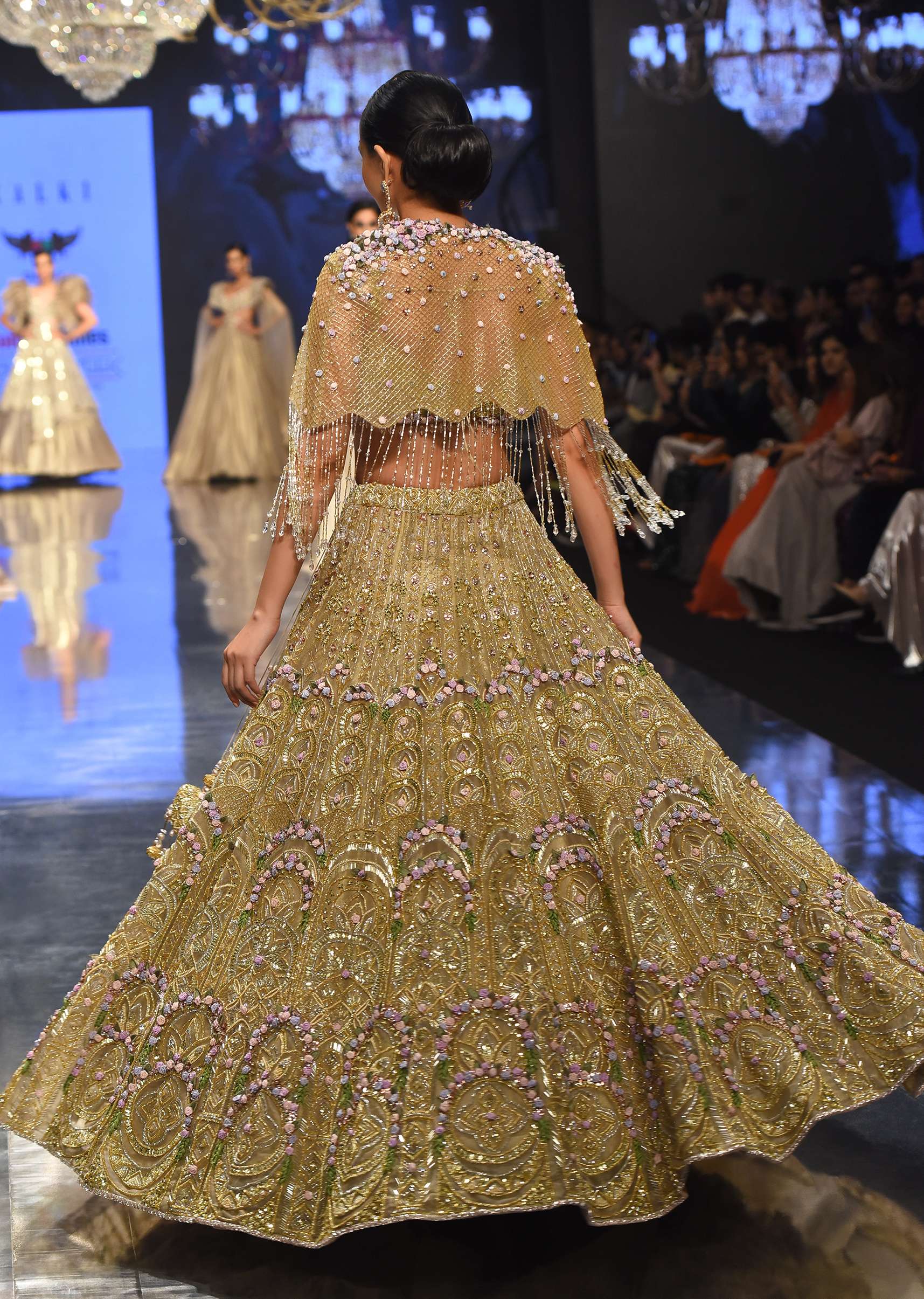 Gold Toned Bridal Naziaa Beige Lehenga With 3D FLoral Embroidery And An Embroidered Shoulder Rest- NOOR 2022