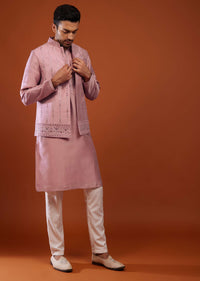 Petal Pink Bandi Jacket Kurta Set In Cotton Silk With Mirror Embroidery