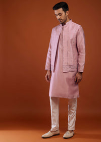 Petal Pink Bandi Jacket Kurta Set In Cotton Silk With Mirror Embroidery
