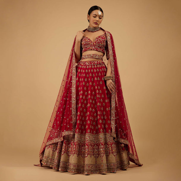 Bride And Baraat Cherry Red Fully Embroidered Lavish Lehenga Choli With Belt