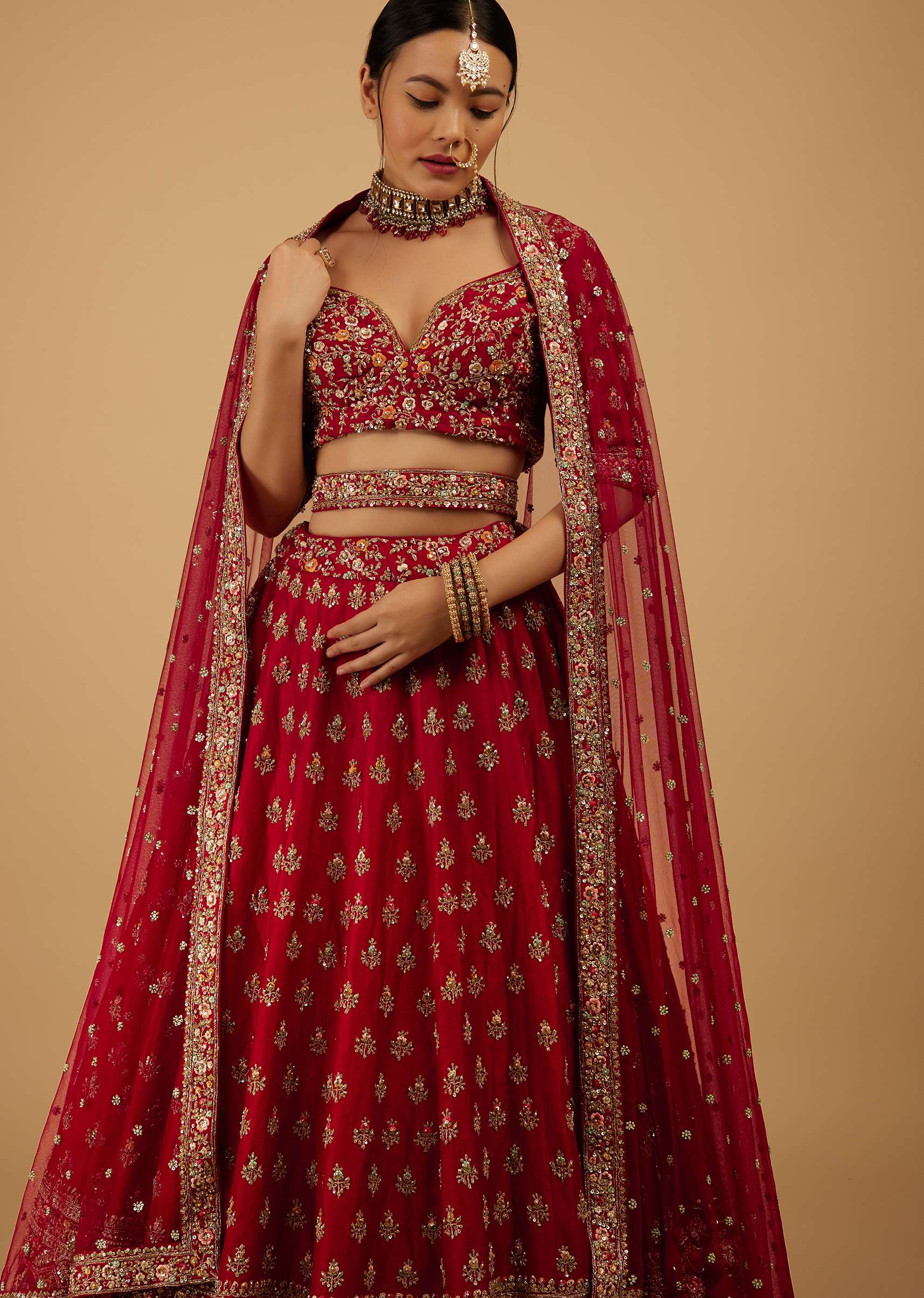 Bride And Baraat Cherry Red Fully Embroidered Lavish Lehenga Choli With Belt