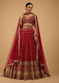 Bride And Baraat Cherry Red Fully Embroidered Lavish Lehenga Choli With Belt