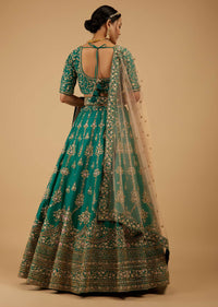 Bride And Baraat Emerald Green Fully Embroidered Lush Lehenga Choli With Belt & Potli