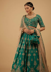 Bride And Baraat Emerald Green Fully Embroidered Lush Lehenga Choli With Belt & Potli
