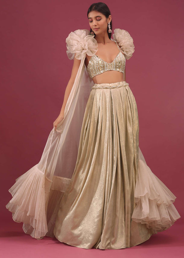 Bridesmaid Champagne Brown Lehenga Set With Ruffle Shrug And Embroidery