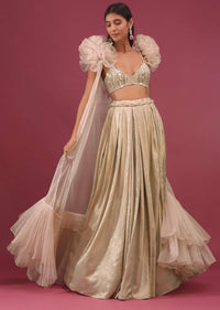 Bridesmaid Champagne Brown Lehenga Set With Ruffle Shrug And Embroidery