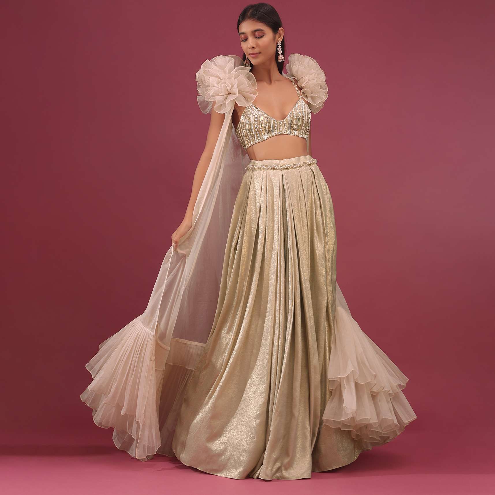 Bridesmaid Champagne Brown Lehenga Set With Ruffle Shrug And Embroidery