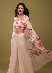 Bright White Palazzo Top Set With Shrug In A Breezy Floral Print And Embroidery