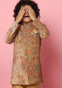 Kalki Brown Sherwani Set In Velvet With Print And Sequins For Boys