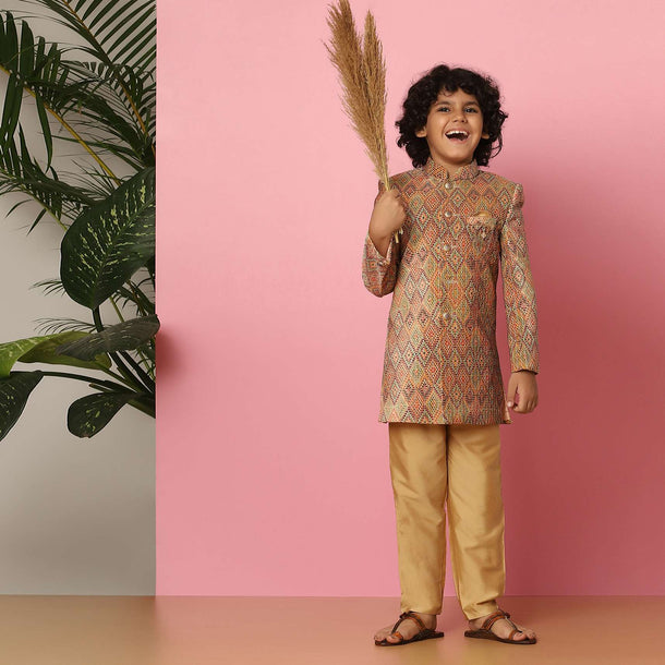 Kalki Brown Sherwani Set In Velvet With Print And Sequins For Boys