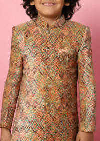 Kalki Brown Sherwani Set In Velvet With Print And Sequins For Boys