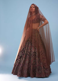 Chocolate Brown Archetypal Lehenga In Velvet Raw Silk With Heavy Embroidery And Trail - NOOR 2022