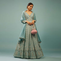 Powder Blue Lucknowi Anarkali Suit In Georgette With Embroidery