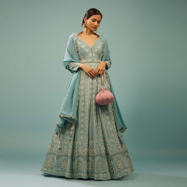 Powder Blue Lucknowi Anarkali Suit In Georgette With Embroidery