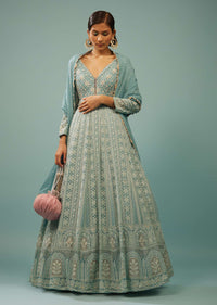 Powder Blue Lucknowi Anarkali Suit In Georgette With Embroidery