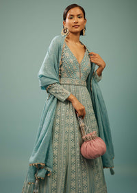 Powder Blue Lucknowi Anarkali Suit In Georgette With Embroidery