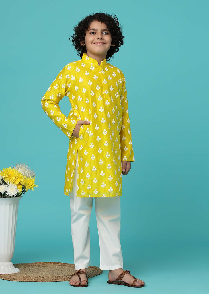 KALKI Canary Yellow Kurta Set With Threadwork For Boys