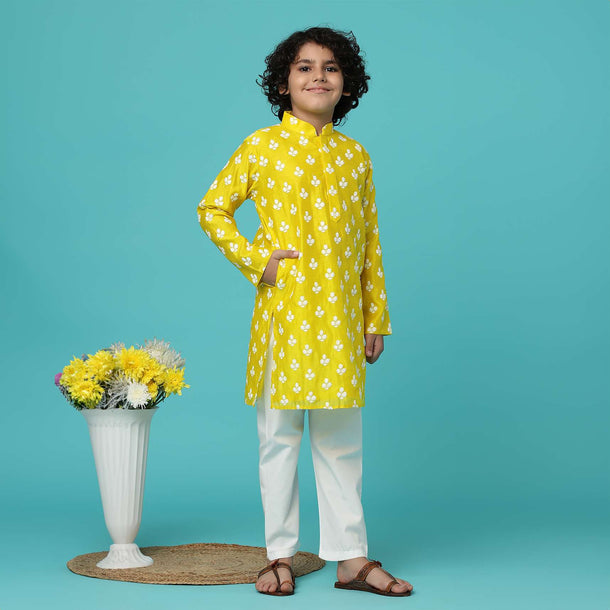 KALKI Canary Yellow Kurta Set With Threadwork For Boys